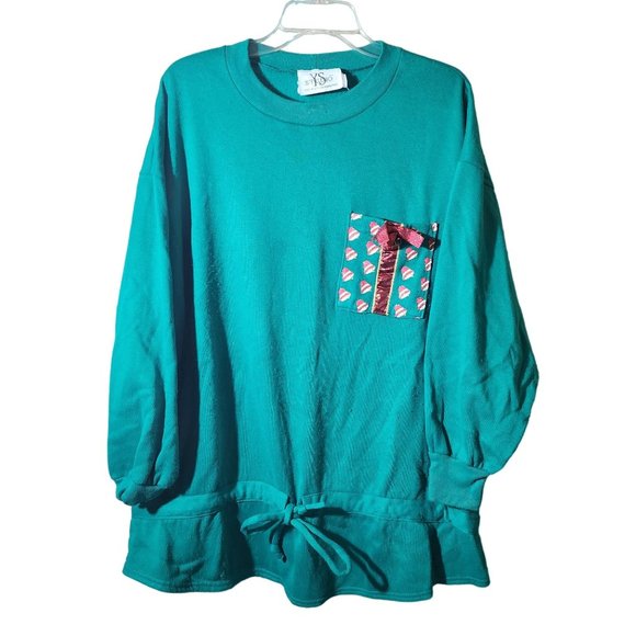 Vintage Womens YS Studio Green Gathered Waist Long Sleeve Holiday Shirt - Picture 1 of 4